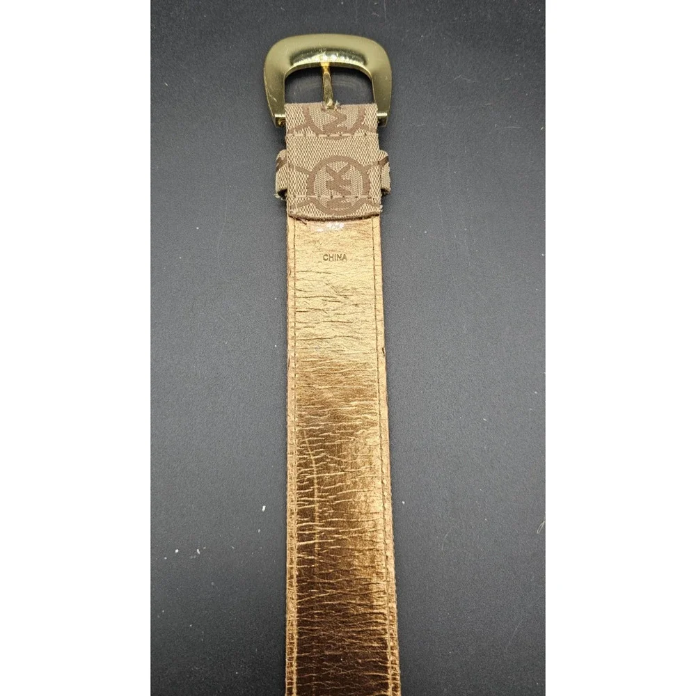 Michael Kors Signature Monogram Logo Canvas Leather Belt Gold Buckle Size L